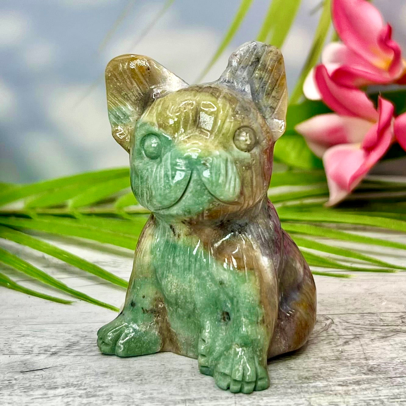 Ocean Sea Jasper French Bull Dog Crystal Puppy Carving Australian Seller