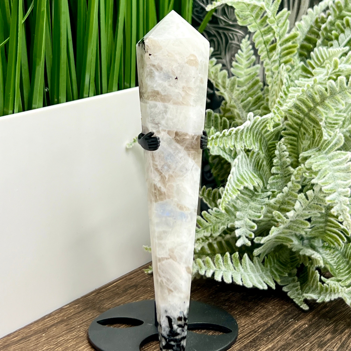 Rainbow Moonstone with Black Tourmaline Wand with Stand Healing Crystal Carving