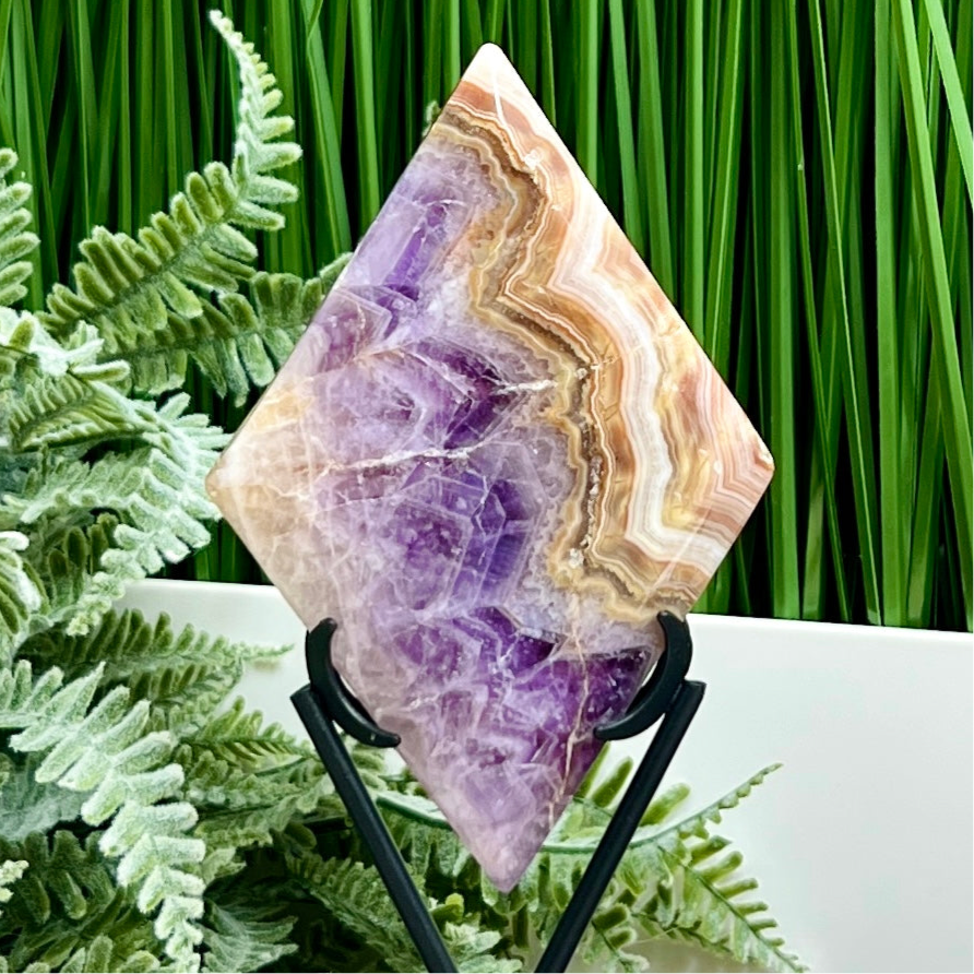 Amethyst with Mexican Lace Agate Rhombus Display with Stand Healing Crystal Carving