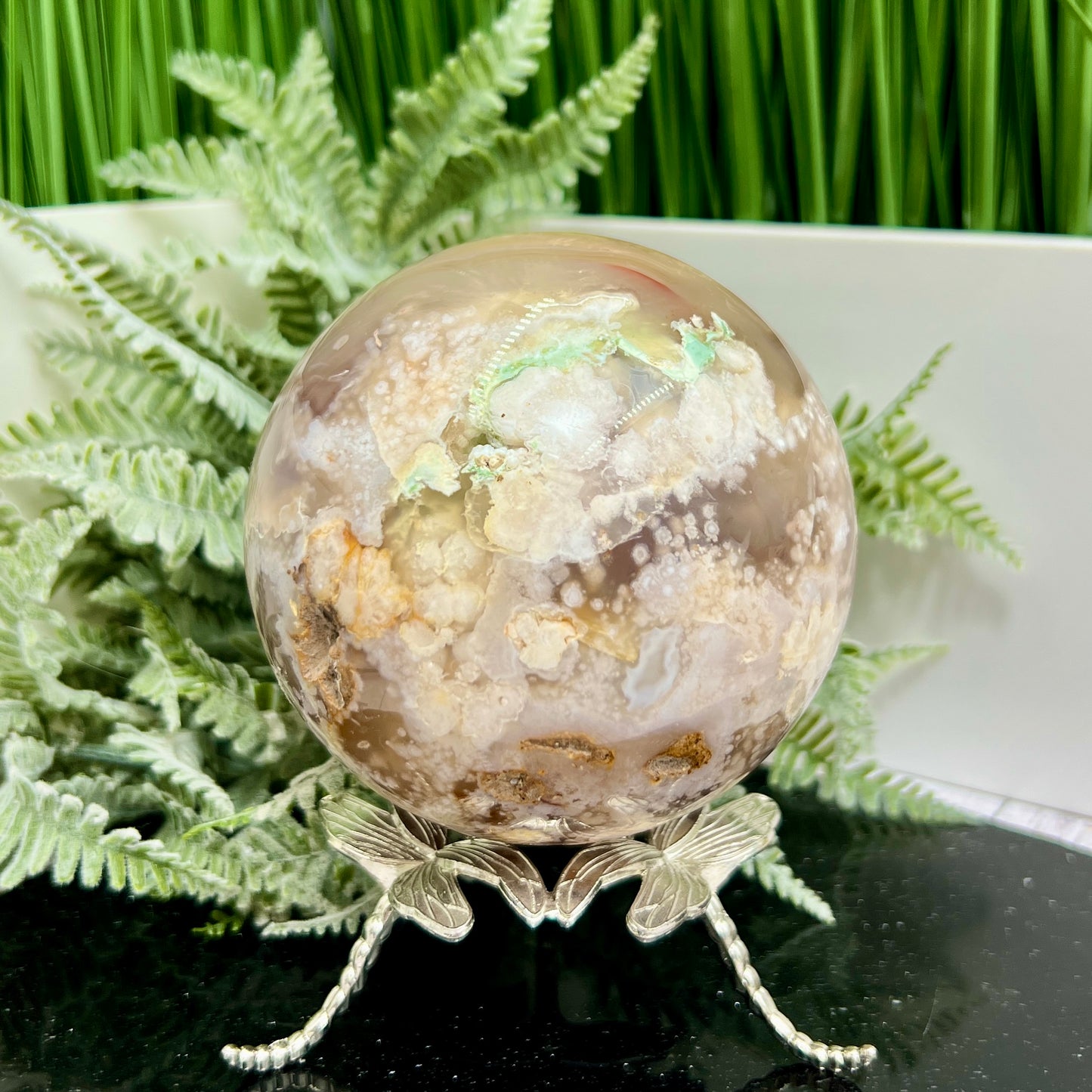 Flower Agate Green Sphere Healing Large Crystal Ball 1227g 97mm