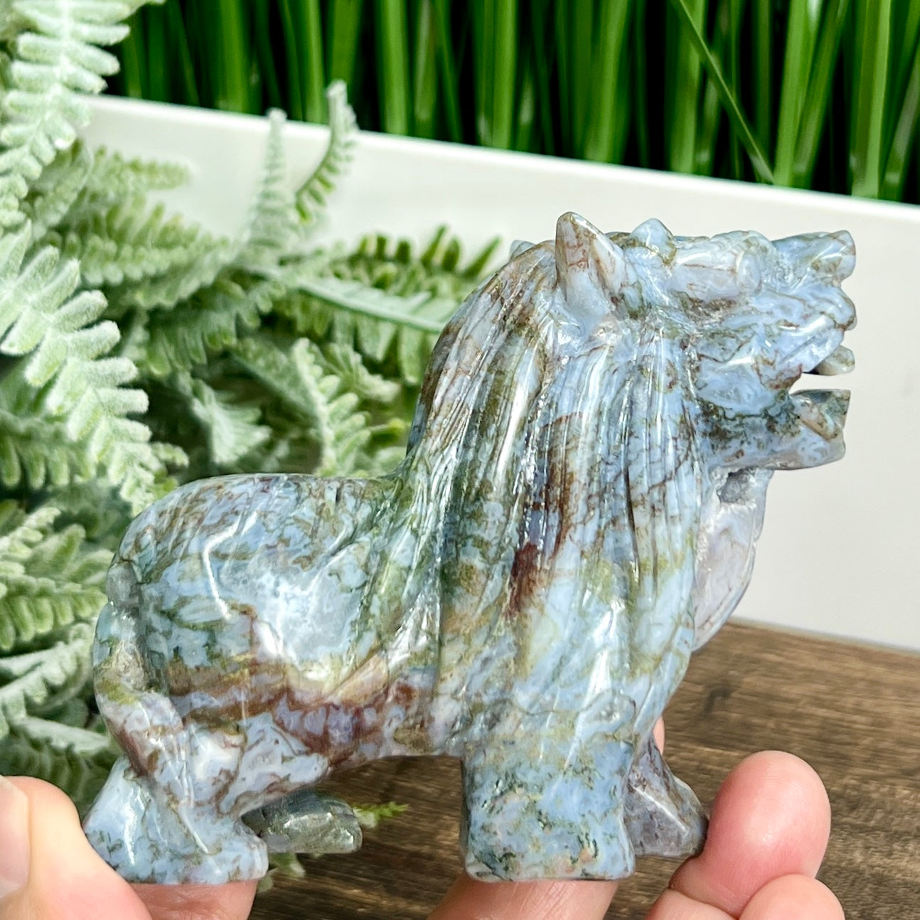 Ocean Sea Jasper Moss Agate Qilin Mythical Lion Healing Animal Crystal 304g