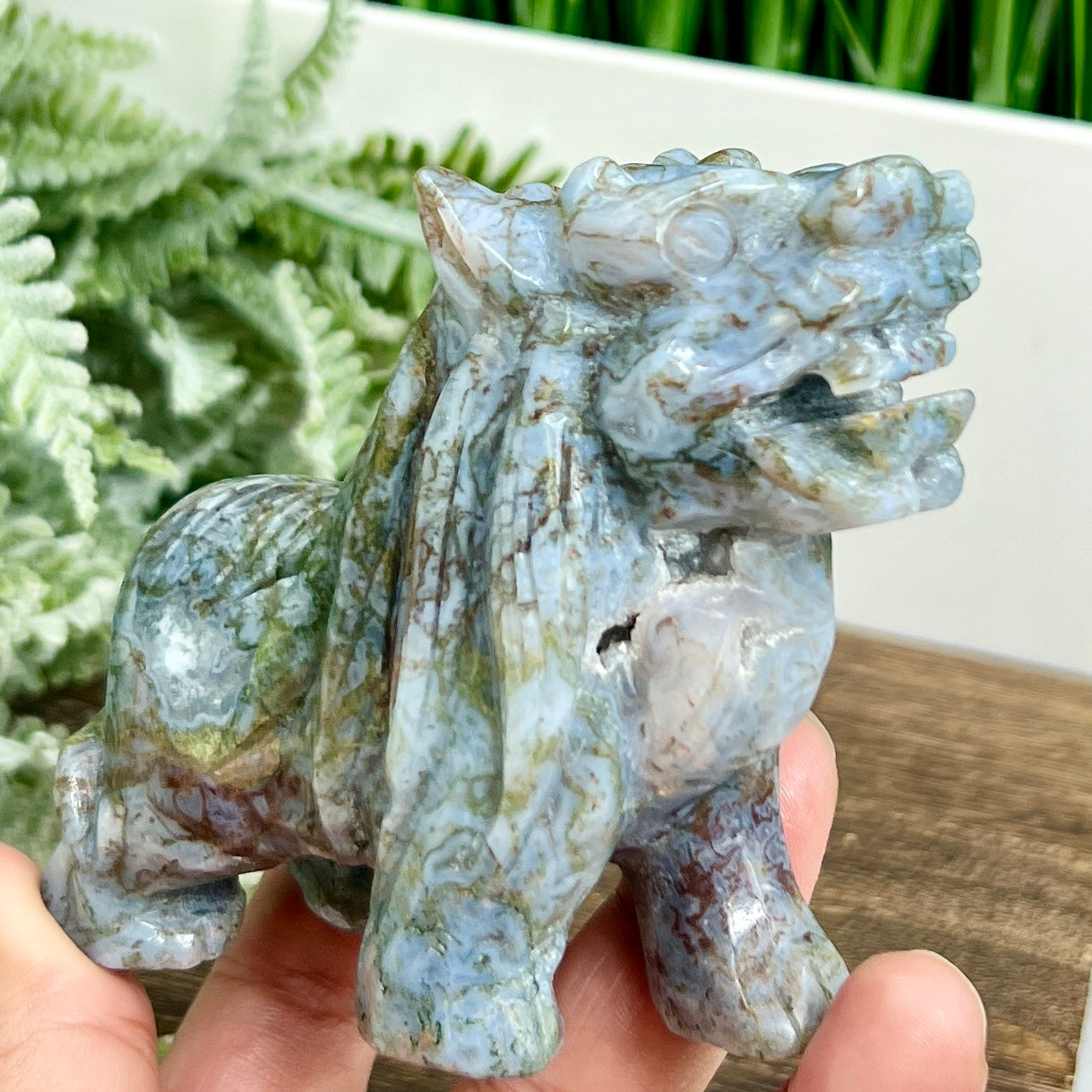 Ocean Sea Jasper Moss Agate Qilin Mythical Lion Healing Animal Crystal 304g