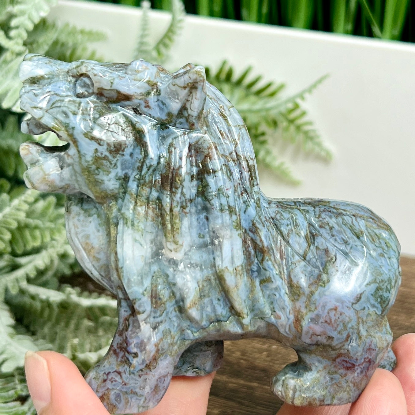 Ocean Sea Jasper Moss Agate Qilin Mythical Lion Healing Animal Crystal 304g