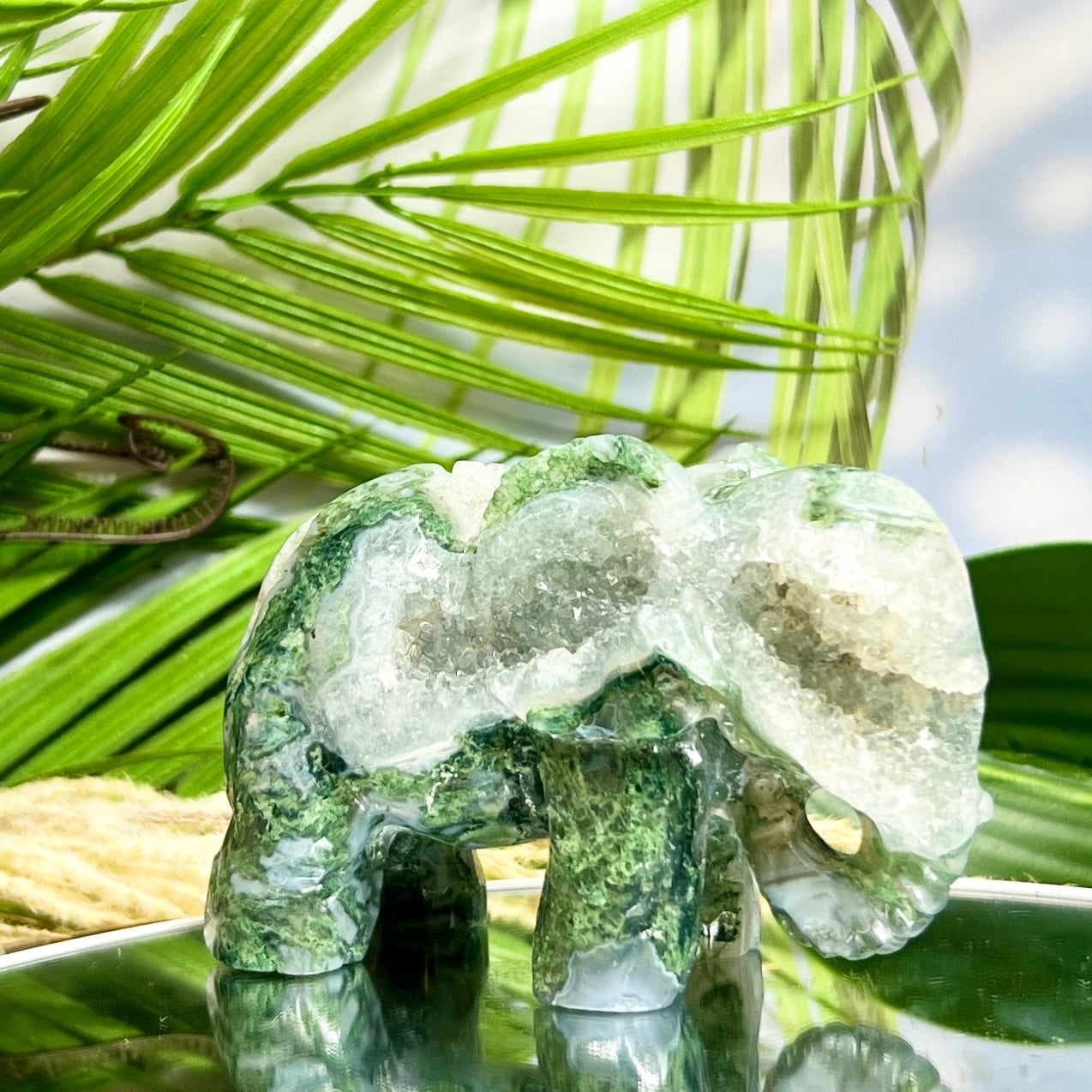 Moss Agate Elephant Healing Animal Crystal Carving 310g