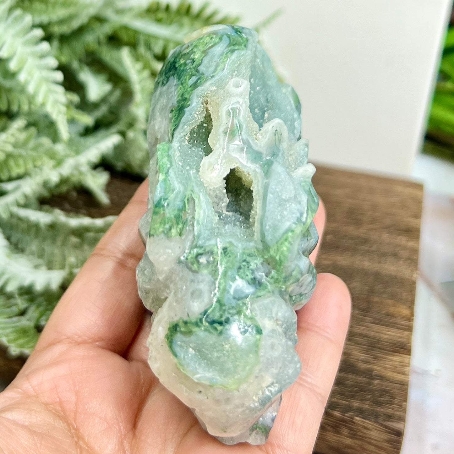 Moss Agate Elephant Healing Animal Crystal Carving 310g