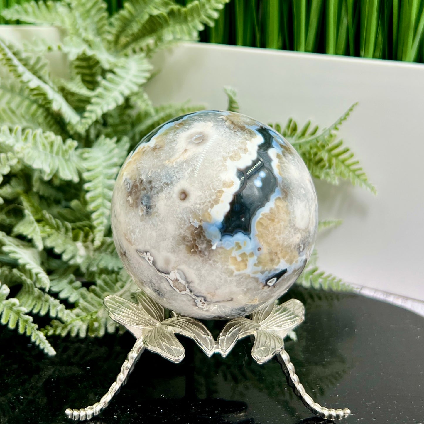 Argentina Black Flower Agate Quartz Sphere Healing Crystal Ball 597g 76mm