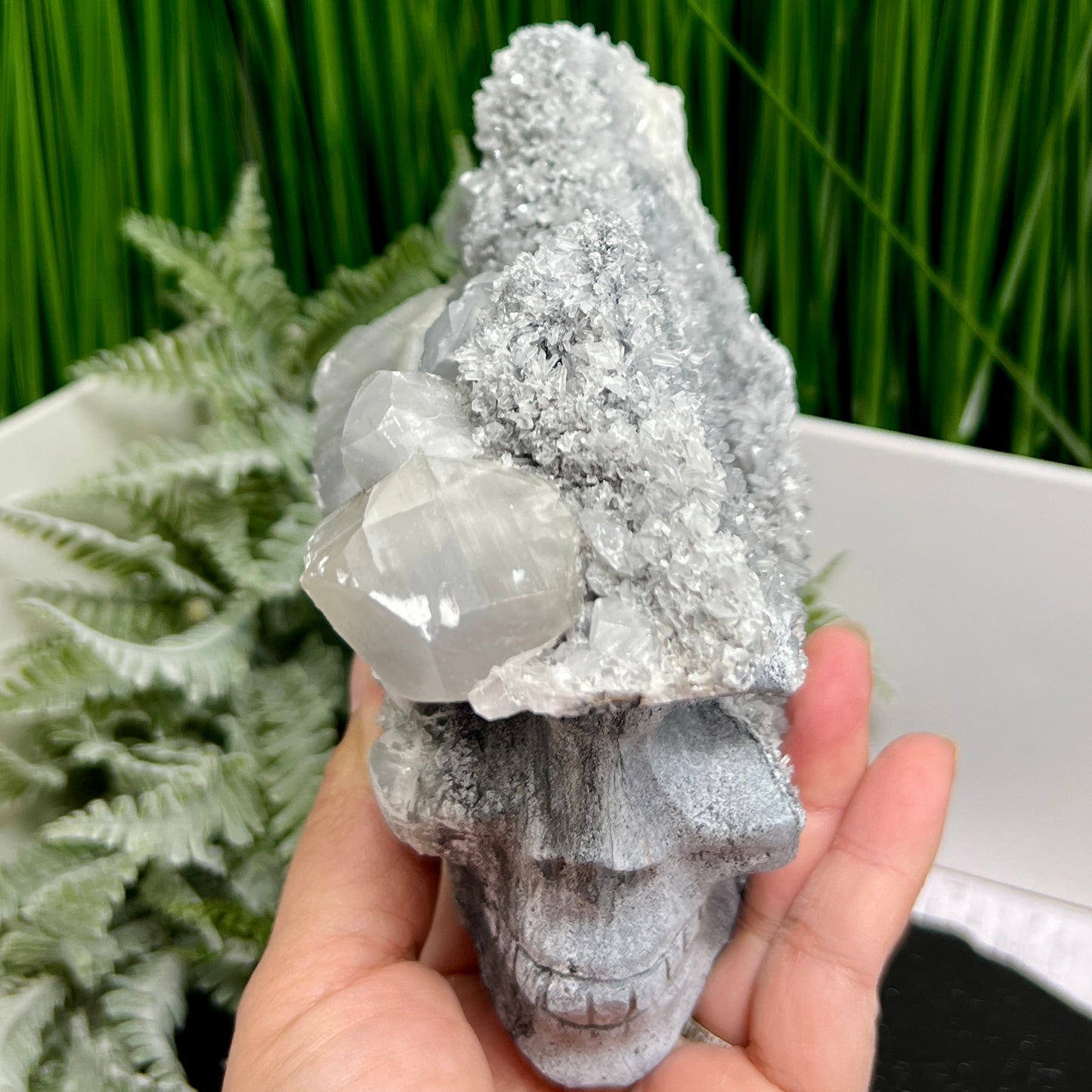 Black Quartz Calcite Skull UV Reactive Large Druzy Crystal 1014g