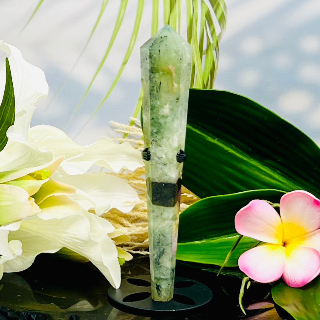 Prehnite with Epidote Wand with Stand Healing Crystal Carving