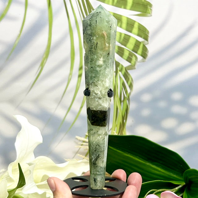 Prehnite with Epidote Wand with Stand Healing Crystal Carving