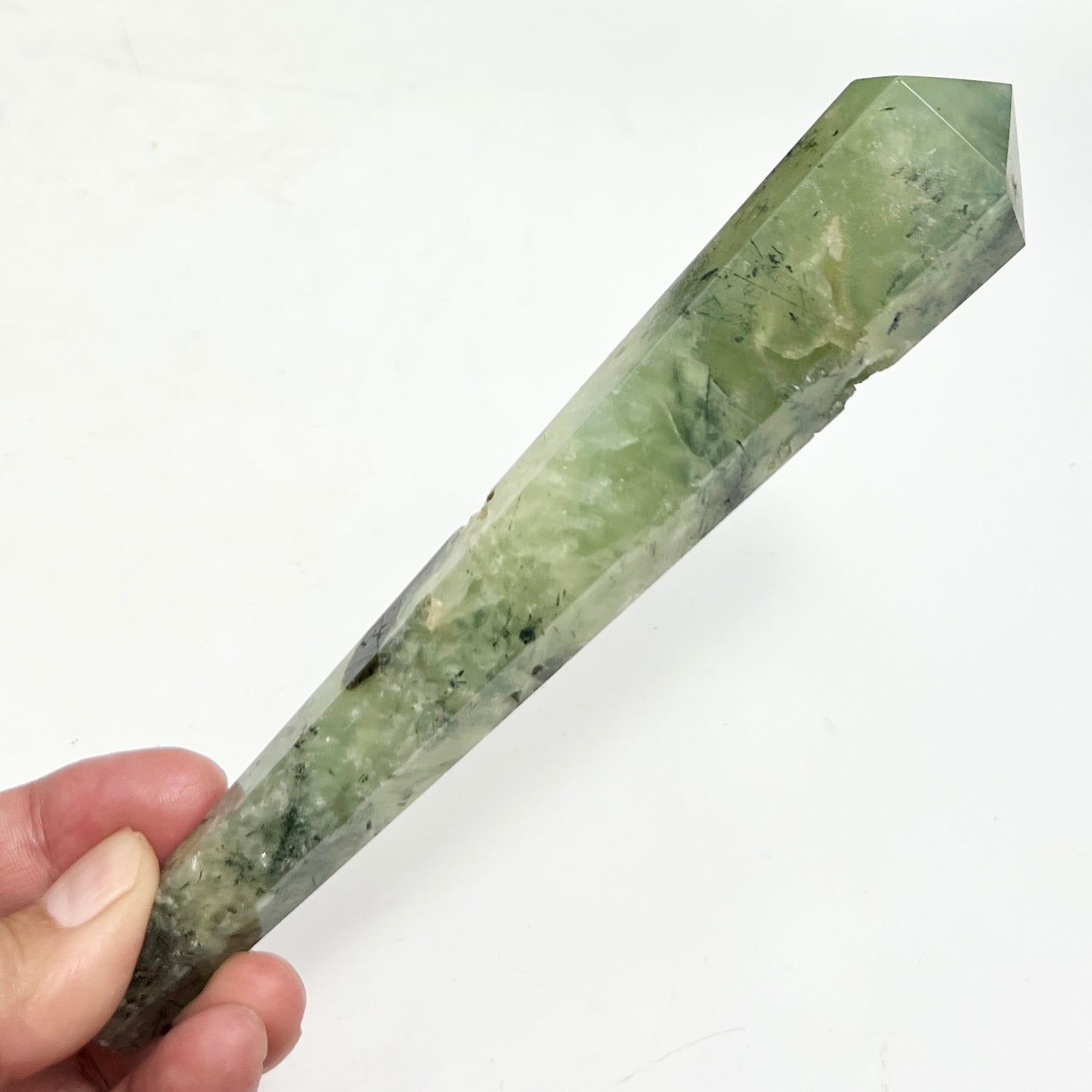 Prehnite with Epidote Wand with Stand Healing Crystal Carving