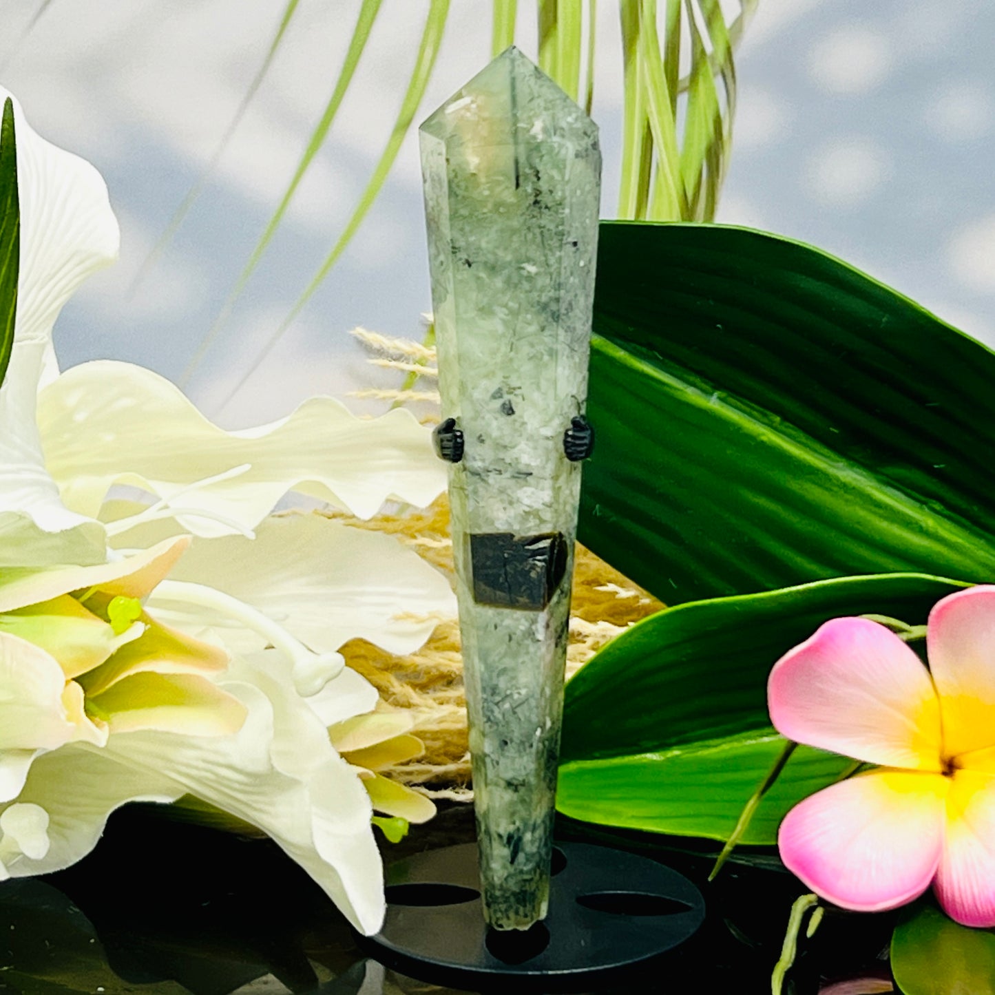 Prehnite with Epidote Wand with Stand Healing Crystal Carving