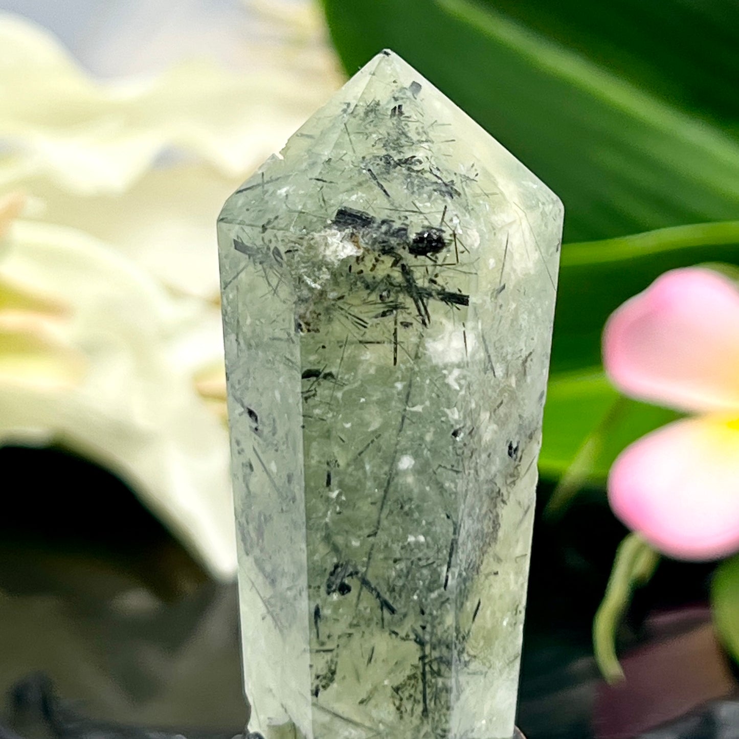 Prehnite with Epidote Wand with Stand Healing Crystal Carving