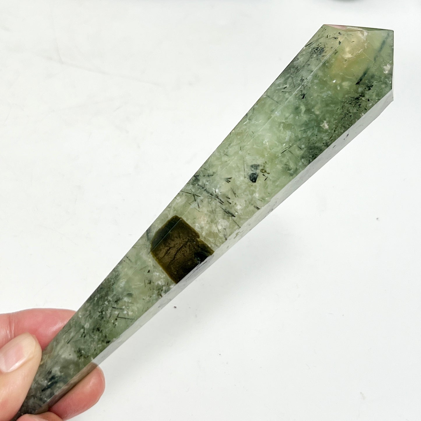 Prehnite with Epidote Wand with Stand Healing Crystal Carving