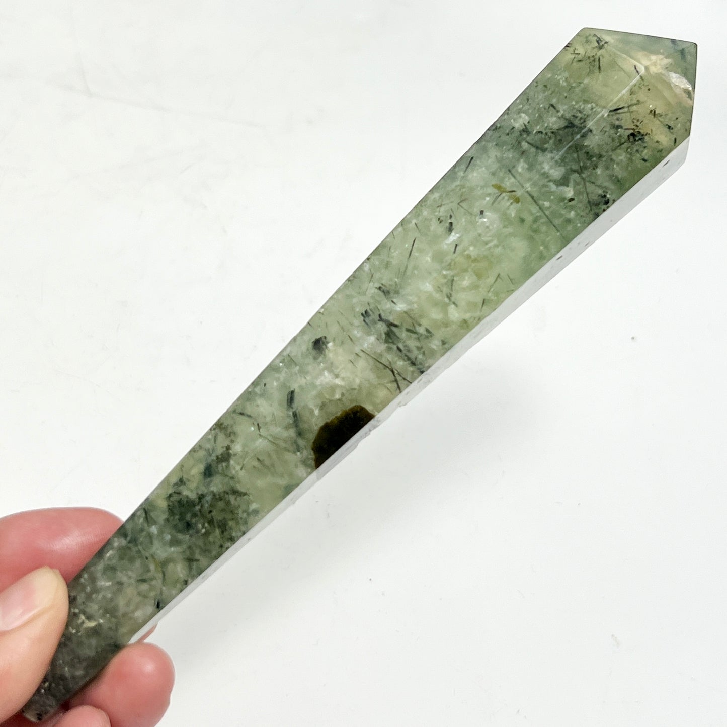 Prehnite with Epidote Wand with Stand Healing Crystal Carving