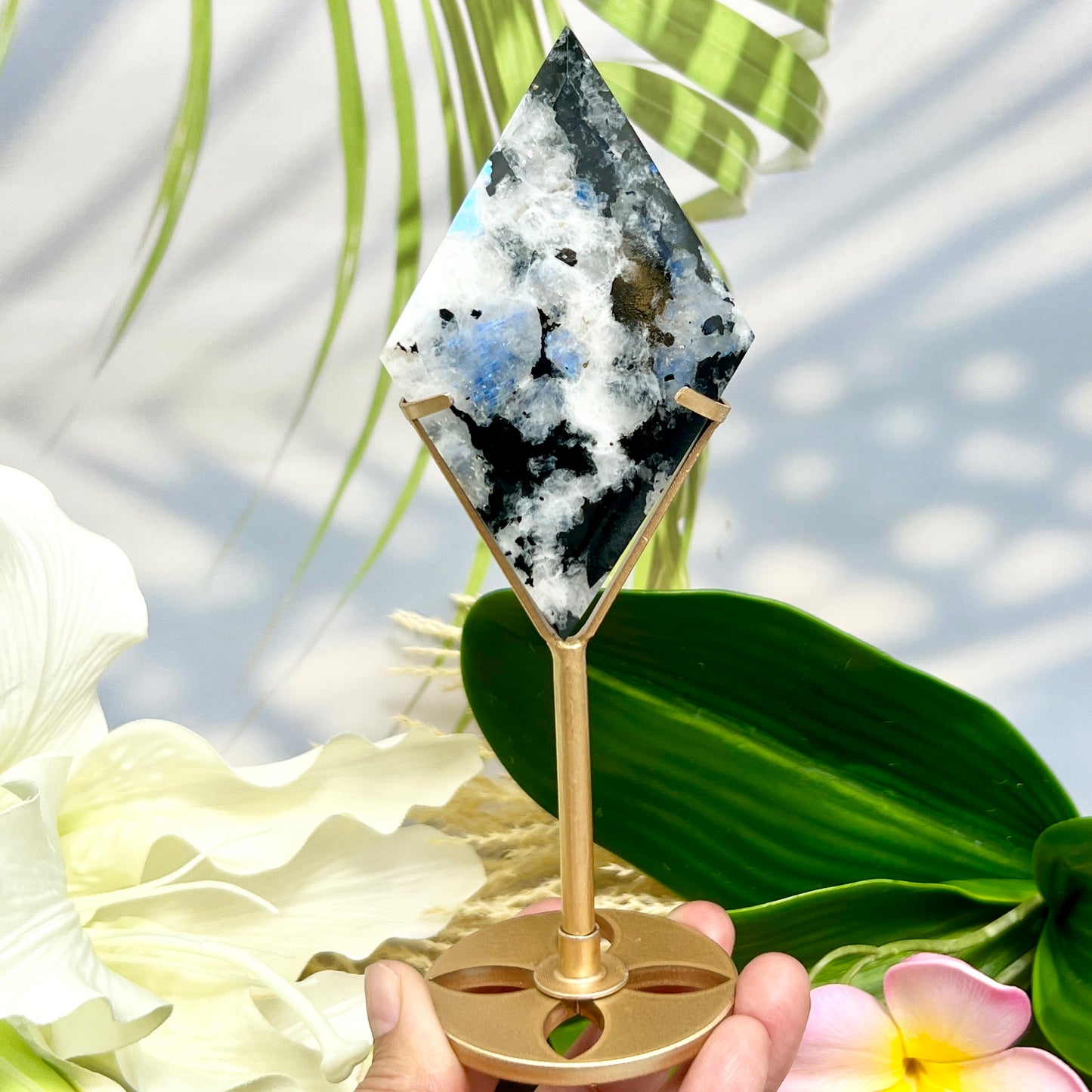 Rainbow Moonstone with Black Tourmaline Rhombus Display with Stand Healing Crystal Carving