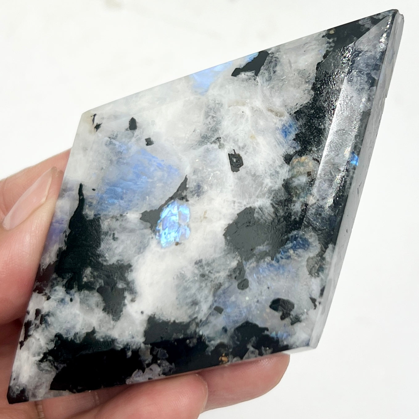 Rainbow Moonstone with Black Tourmaline Rhombus Display with Stand Healing Crystal Carving