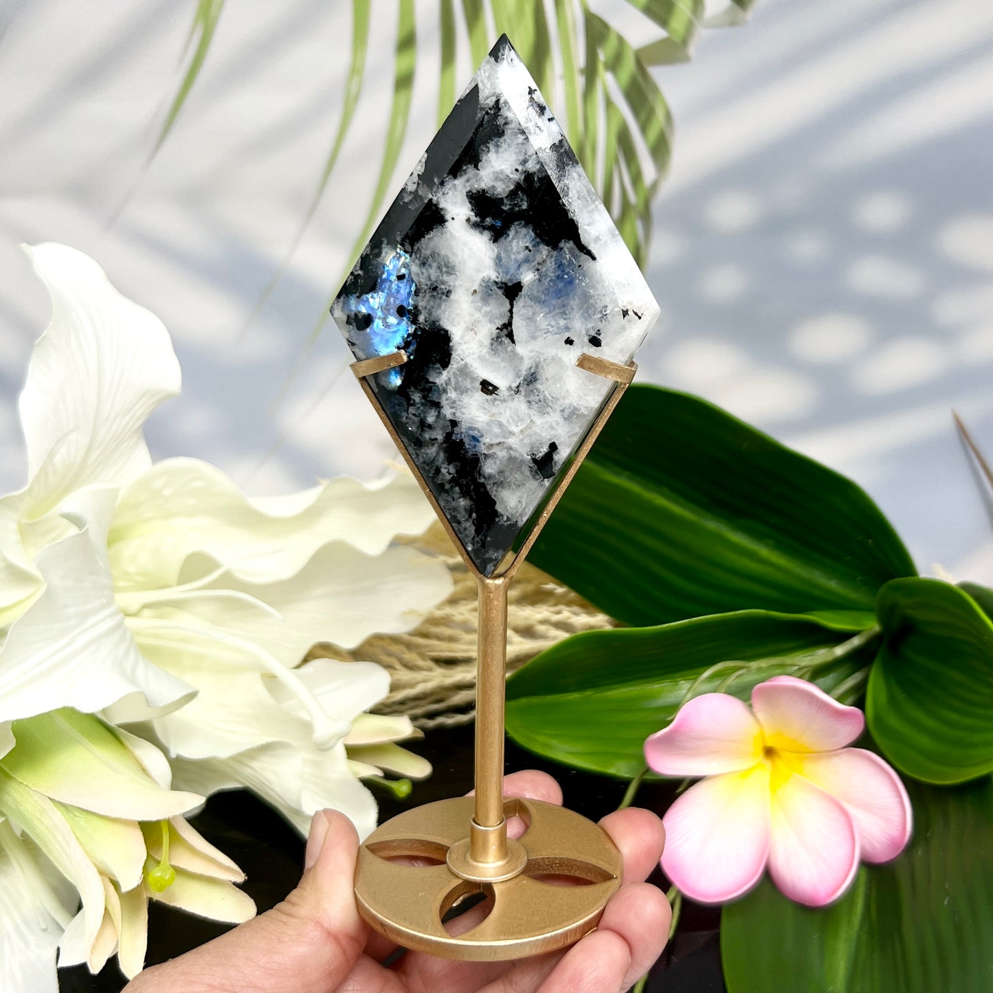 Rainbow Moonstone with Black Tourmaline Rhombus Display with Stand Healing Crystal Carving