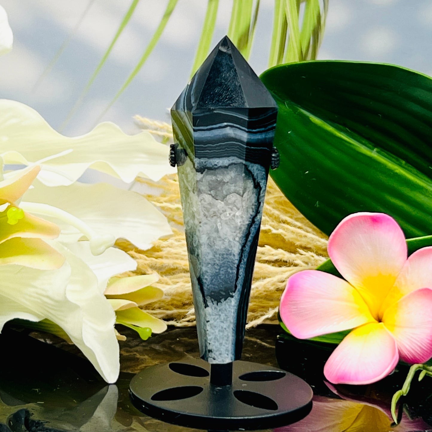 Black Agate Quartz Wand with Stand Healing Crystal Carving