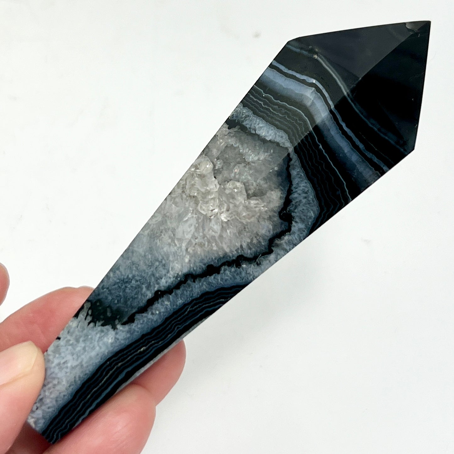 Black Agate Quartz Wand with Stand Healing Crystal Carving