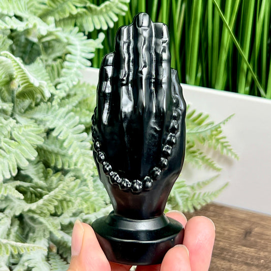 Black Obsidian Praying Hands With Rosary Beads Christian Crystal Carving 210g 106mm