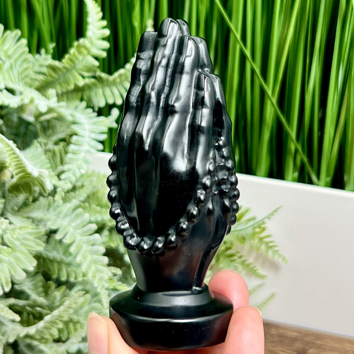 Black Obsidian Praying Hands With Rosary Beads Christian Crystal Carving 210g 106mm