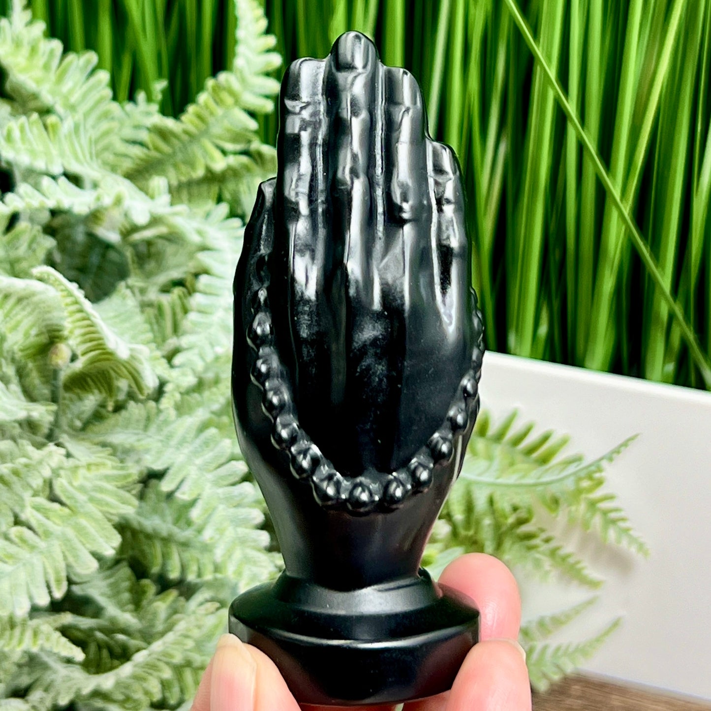 Black Obsidian Praying Hands With Rosary Beads Christian Crystal Carving 210g 106mm