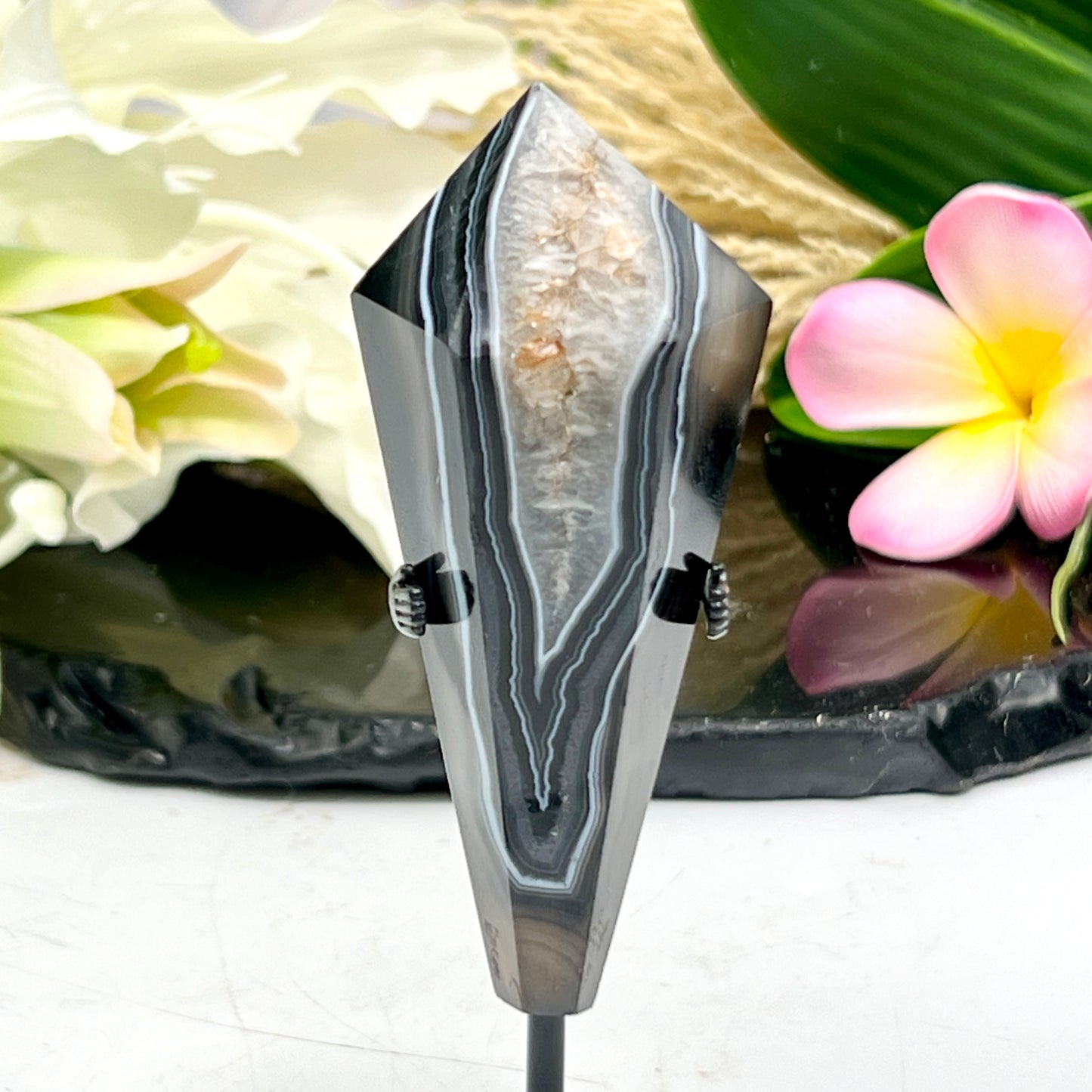 Black Agate Quartz Wand with Stand Healing Crystal Carving