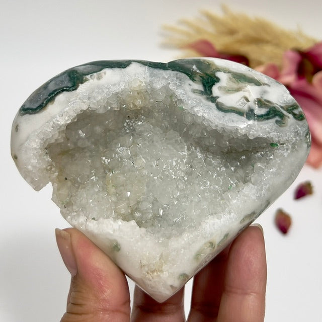 Large Druzy Moss Agate Heart Crystal Carving 437g