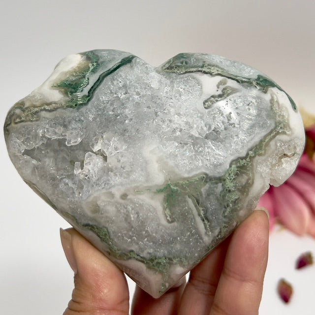 Large Druzy Moss Agate Heart Crystal Carving 437g