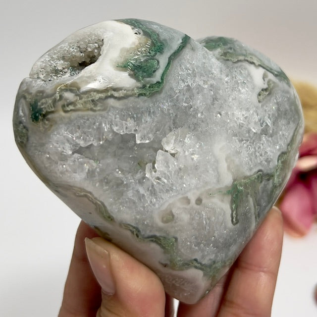 Large Druzy Moss Agate Heart Crystal Carving 437g