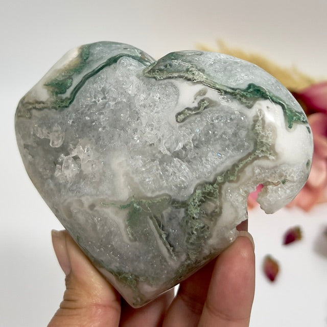 Large Druzy Moss Agate Heart Crystal Carving 437g