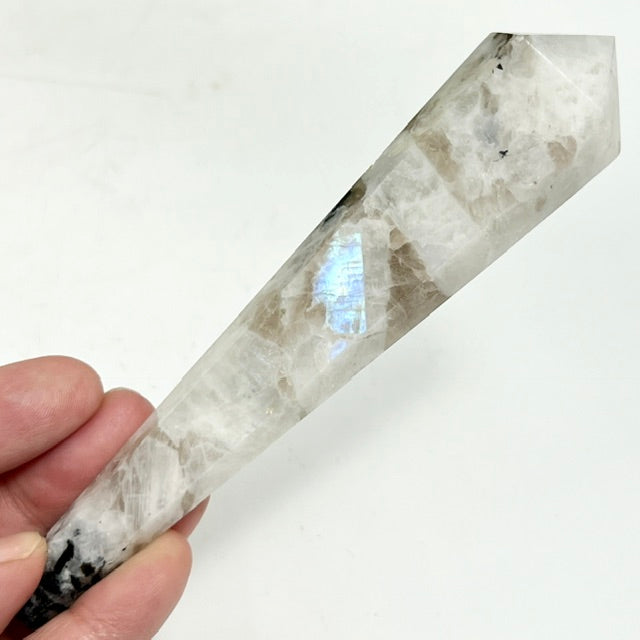 Rainbow Moonstone with Black Tourmaline Wand with Stand Healing Crystal Carving