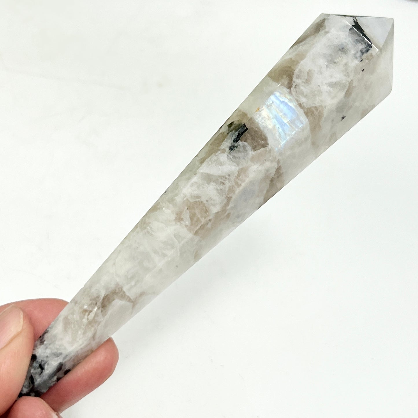 Rainbow Moonstone with Black Tourmaline Wand with Stand Healing Crystal Carving