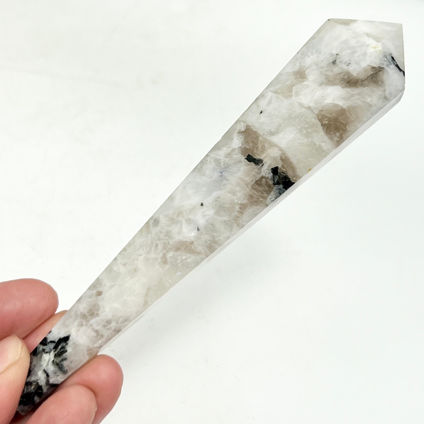 Rainbow Moonstone with Black Tourmaline Wand with Stand Healing Crystal Carving