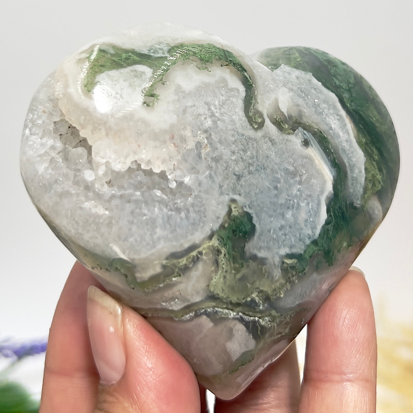 Druzy Moss Agate Heart Crystal Carving 276g