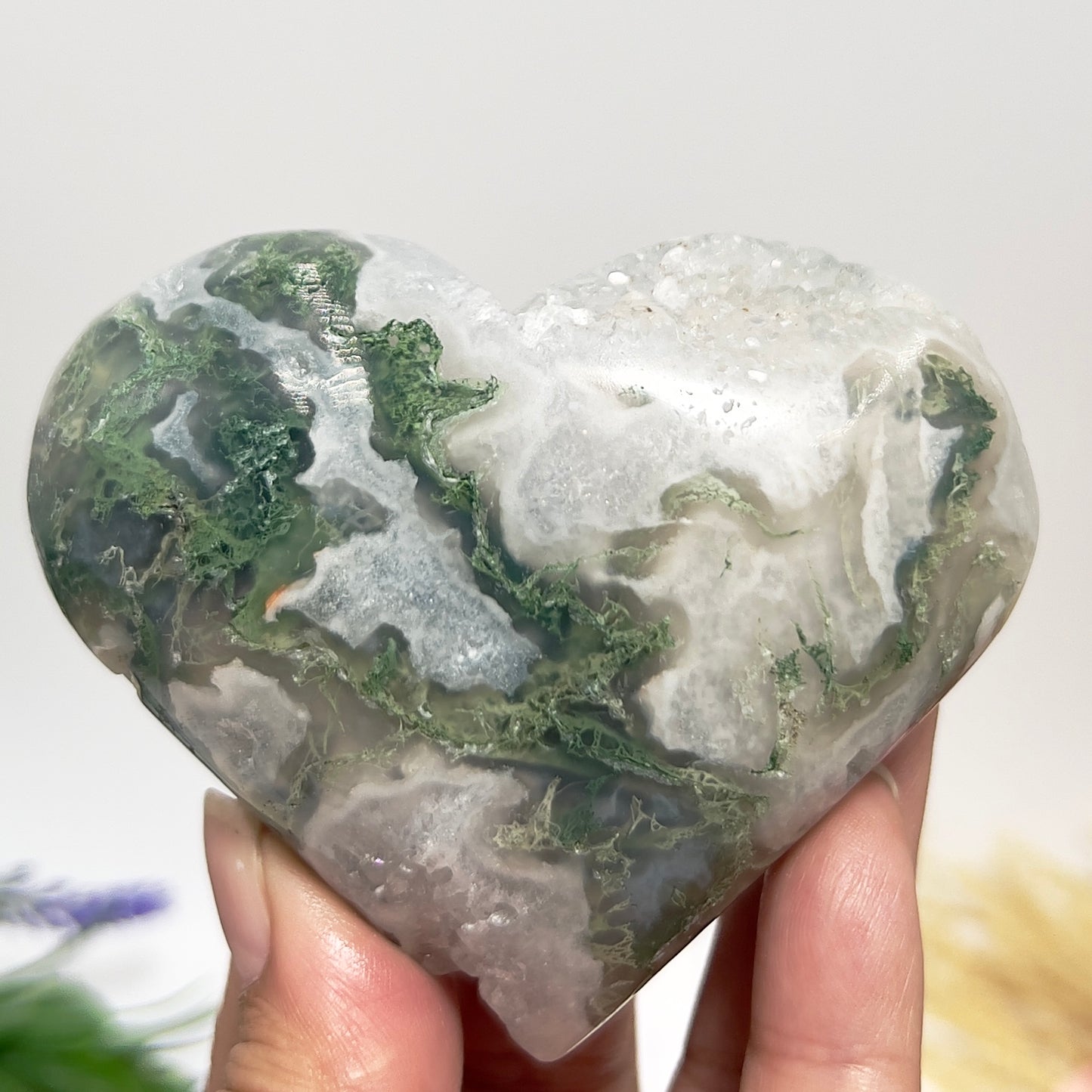 Druzy Moss Agate Heart Crystal Carving 276g