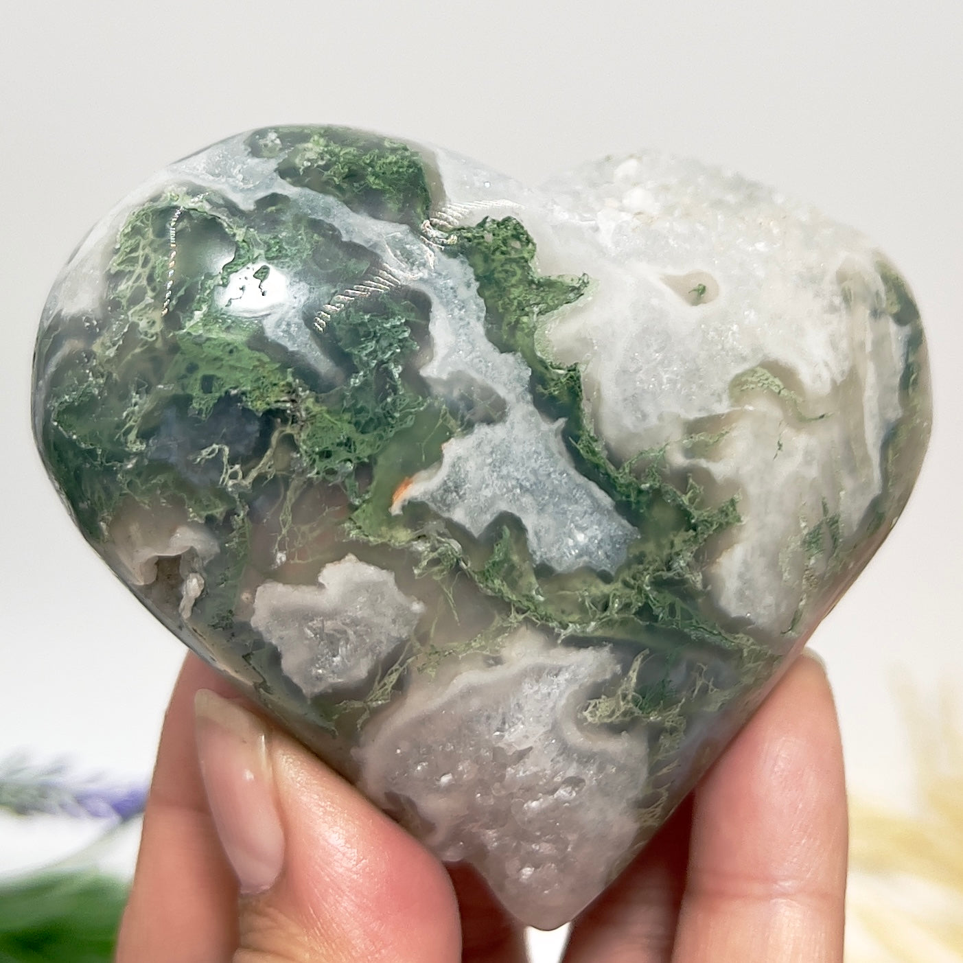 Druzy Moss Agate Heart Crystal Carving 276g