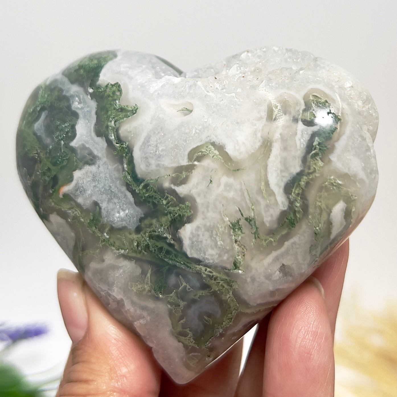 Druzy Moss Agate Heart Crystal Carving 276g