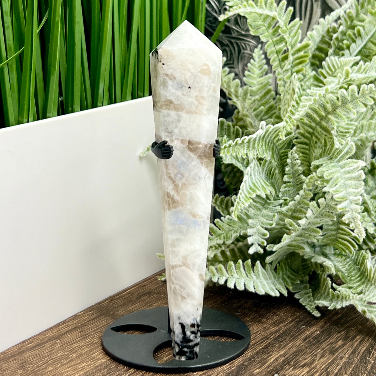 Rainbow Moonstone with Black Tourmaline Wand with Stand Healing Crystal Carving