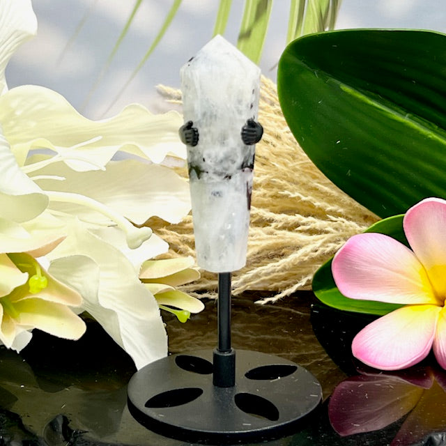 Rainbow Moonstone with Black Tourmaline Wand with Stand Healing Crystal Carving