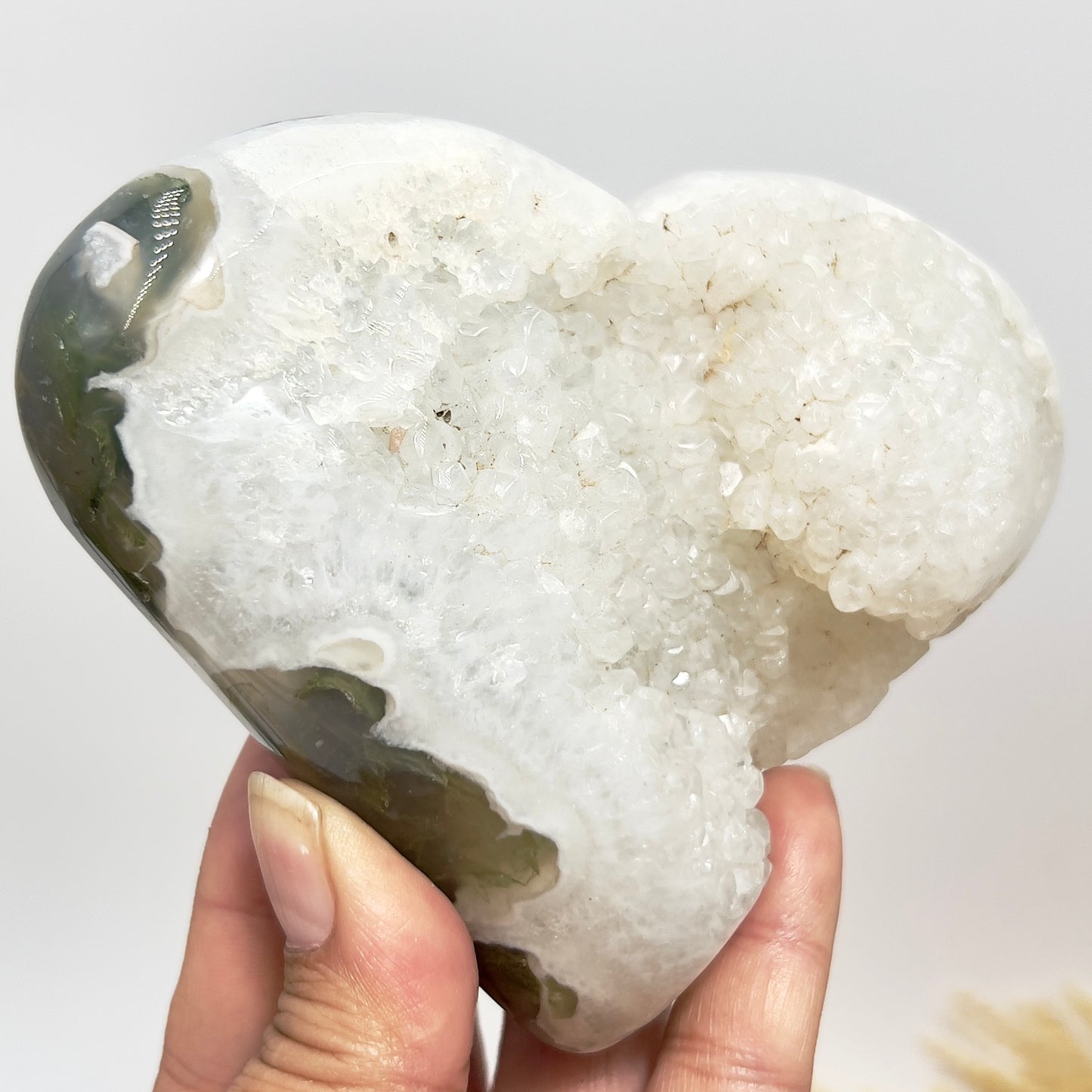 Large Druzy Moss Agate Heart Crystal Carving 543g