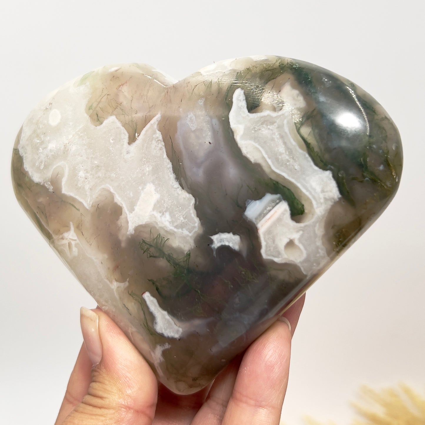 Large Druzy Moss Agate Heart Crystal Carving 543g