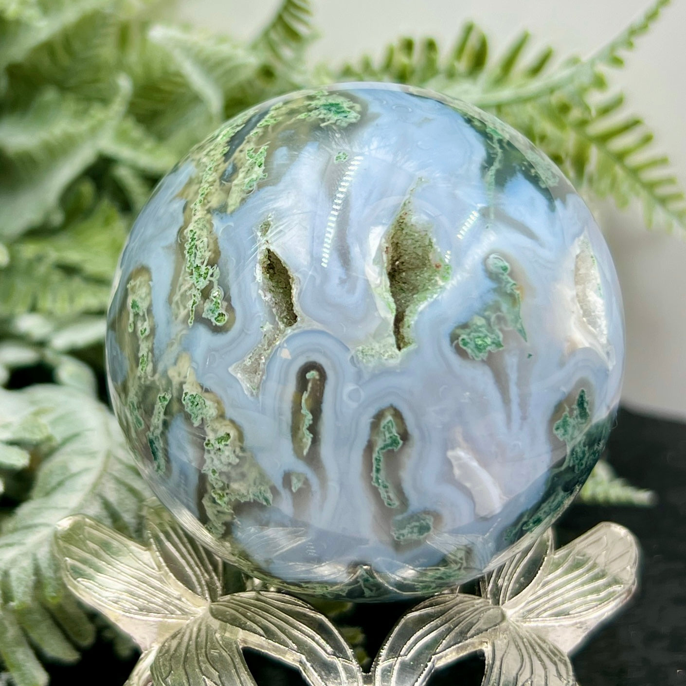 Blue Green Moss Agate Sphere High Quality Crystal Ball 342g 64mm