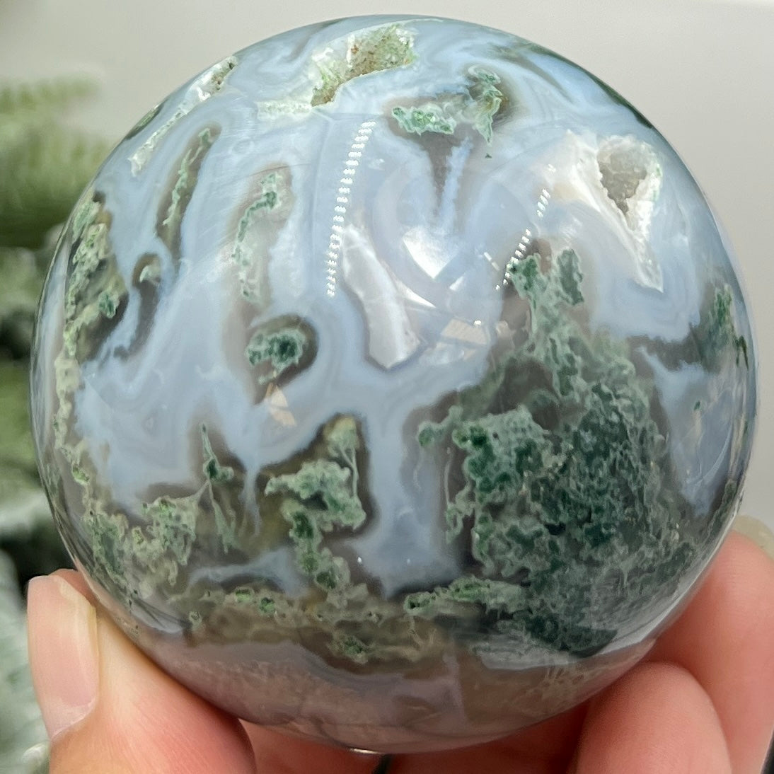 Blue Green Moss Agate Sphere High Quality Crystal Ball 342g 64mm