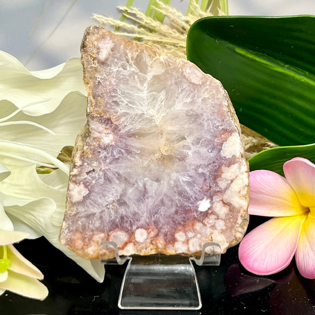 Pink Purple Amethyst Flower Agate Natural Natural Slice with Stand Crystal 265g