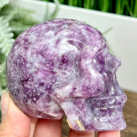 Lepidolite Purple Mica Skull Hand Crystal Carving 312g