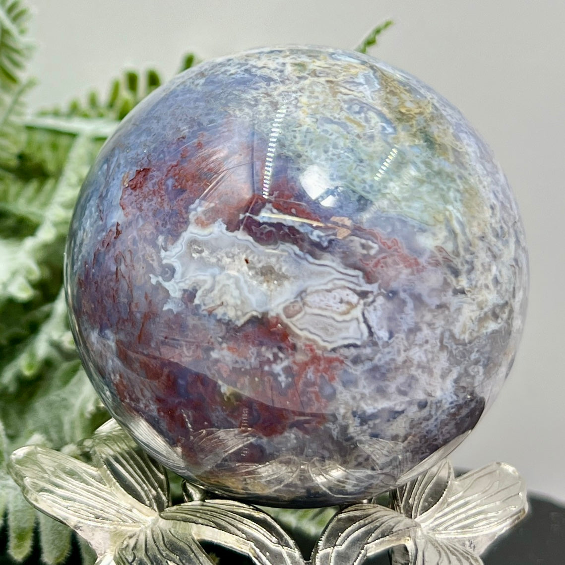 Blue Red Green Moss Agate Quartz Sphere High Quality Crystal Ball 384g 66mm