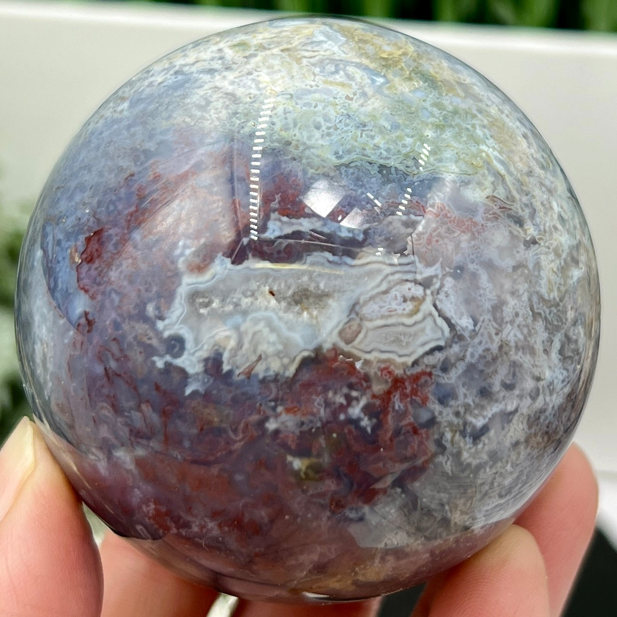 Blue Red Green Moss Agate Quartz Sphere High Quality Crystal Ball 384g 66mm