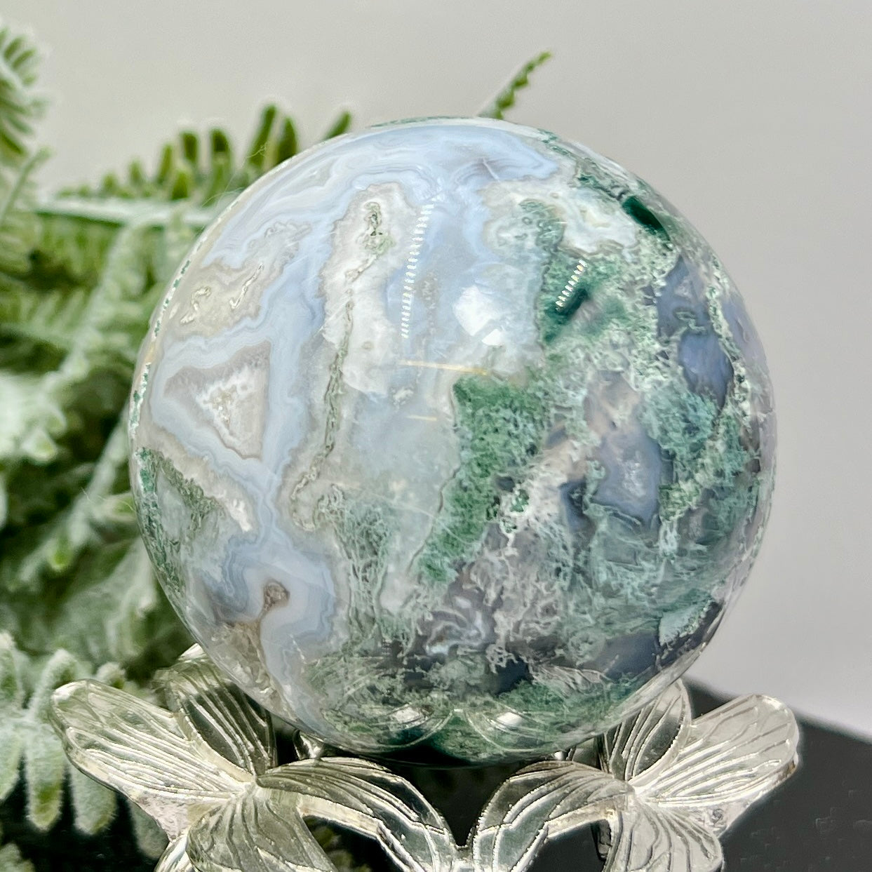 Moss Agate Sphere High Quality Crystal Ball 332g 64mm