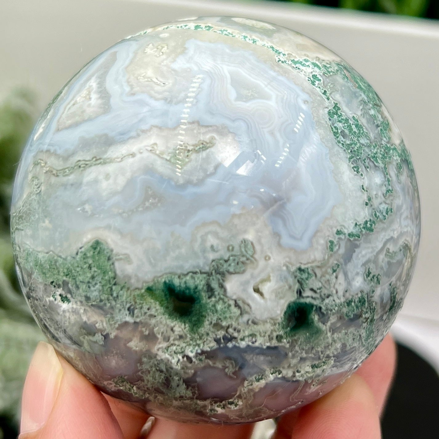 Moss Agate Sphere High Quality Crystal Ball 332g 64mm